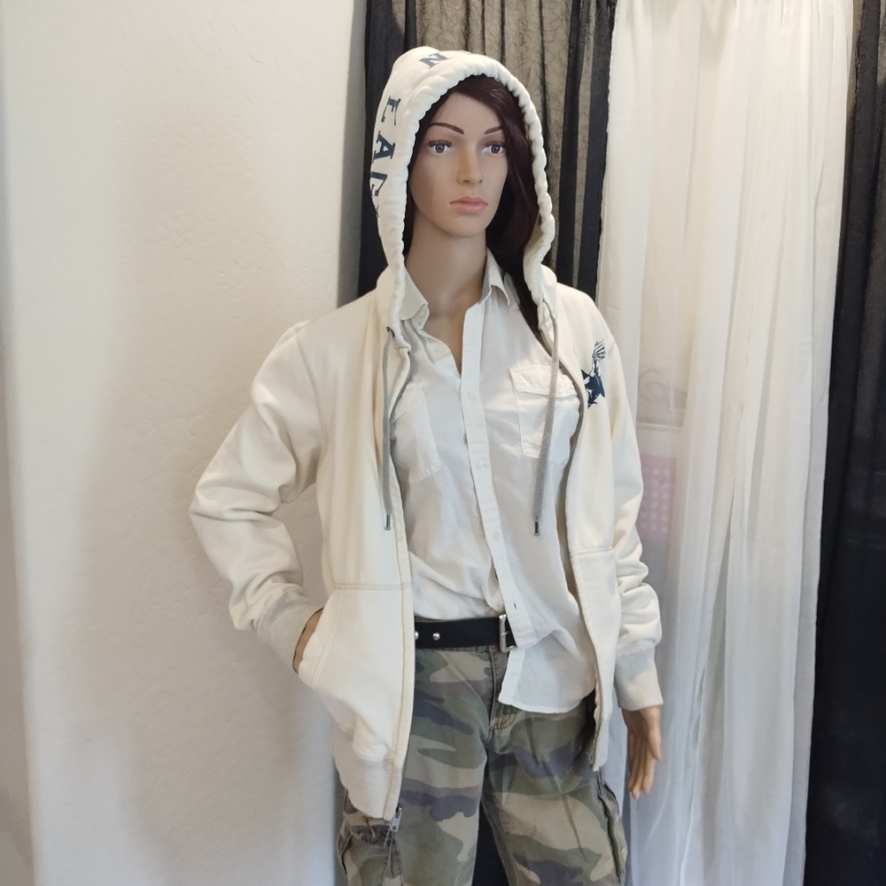 American Eagle Cream-colored Zippered Fleece Hoodie Jacket, size Small